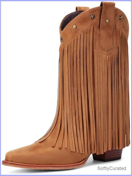 Shoes - Fringe Cowgirl Boots – Mid Calf Pointed Toe Chunky Heel Western Boots